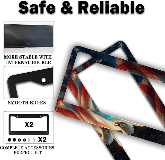 Automotive Exterior Accessories Multicolor License Plate Frames American Flag Eagle Aluminum Metal Car Accessory 2 Pack with Screw Covers Set