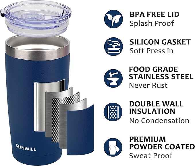 SUNWILL Travel Coffee Mug with Lid, 20 oz Tumbler Set of 2, Insulated Stainless Steel Cup for Water, Tea, Powder Coated Wine & Navy