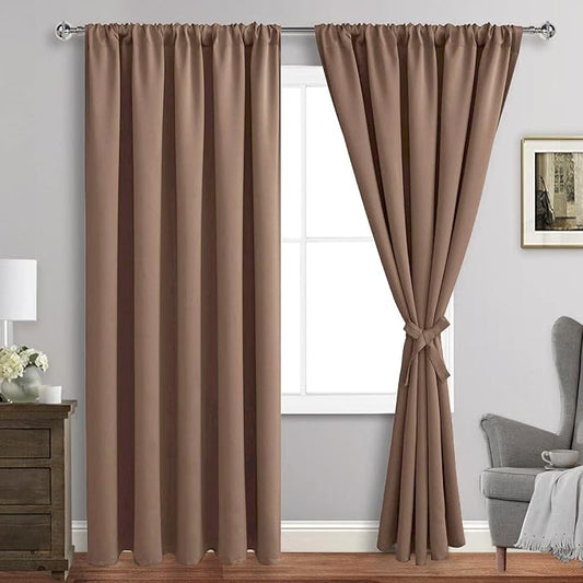 JIUZHEN Blackout Curtains for Bedroom - Thermal Insulated Room Darkening Noise Reducing, 70 x 84 Inch Length Curtains for Living Room, Set of 2 Panels with Tiebacks, Cappuccino