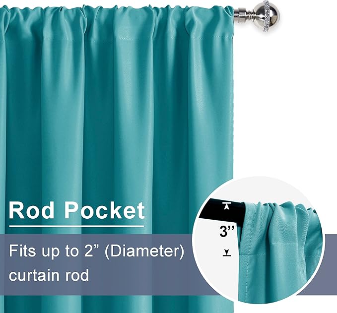 JIUZHEN Blackout Curtains for Bedroom - Thermal Insulated Room Darkening Noise Reducing, 70 x 84 Inch Length Curtains for Living Room, Set of 2 Panels with Tiebacks, Turquoise