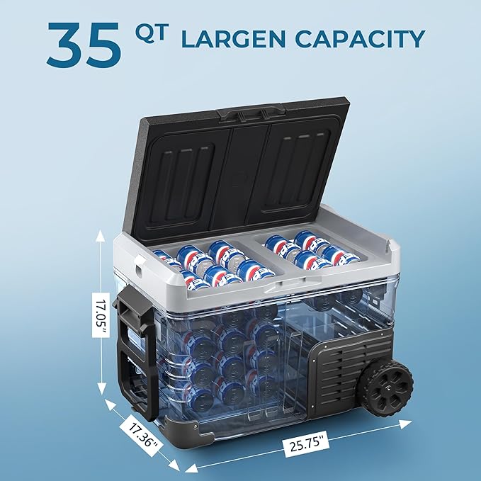 EUHOMY 12 Volt Refrigerator, 35QT(33L) Dual Zone Electric Cooler, Portable Freezer 12V/24V DC 110-240V AC, 12V Fridge -4℉~68℉, 12V Cooler with Wheels & Basket for Travel, Truck, Camping, Boat