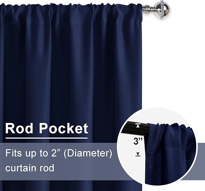 JIUZHEN Blackout Curtains for Bedroom - Thermal Insulated Room Darkening Noise Reducing, 52 x 63 Inch Length Curtains for Living Room, Set of 2 Panels with Tiebacks, Navy Blue