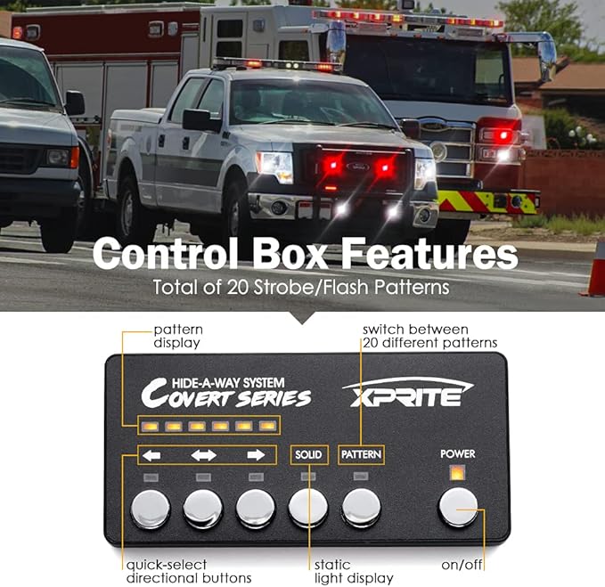 Xprite White Red LED Hideaway Strobe Lights Kit, 20 Flashing Patterns w/Control Panel Headlights Taillights Fog Light Interior Mounting, for Emergency Vehicles Firefighter Cars Trucks SUV 6PCS