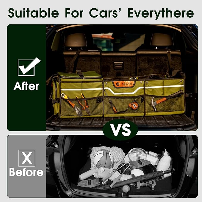 Trunk Organizer, Heavy-Duty Storage for Car & SUV, Foldable Waterproof Car Organizer with Cooler, Collapsible Multi-Compartment Storage, 95L, Green-M003