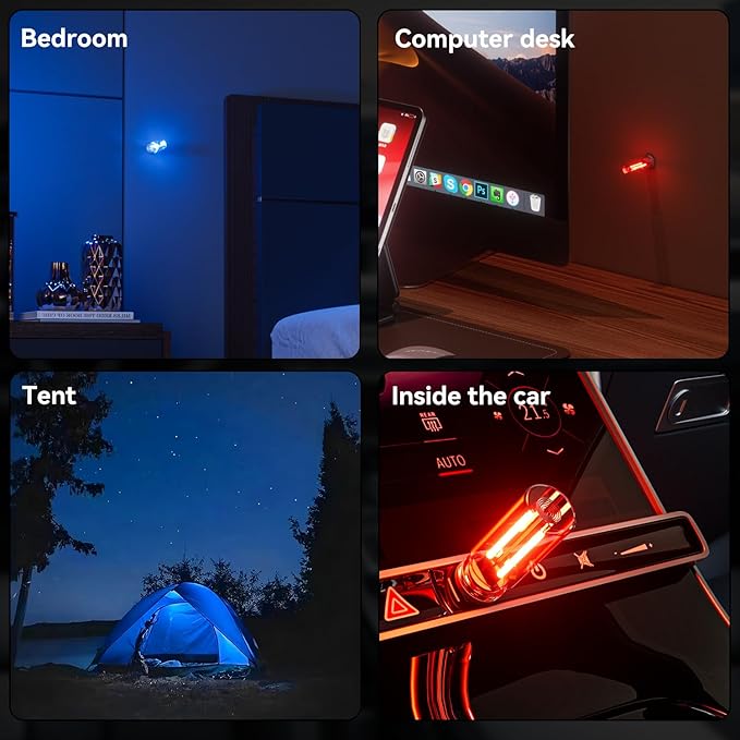 4 PCS USB Night Light Bulb, Portable Plug-in Retro Car Interior Ambient Lights, Mini Touch Dimmable Glass Bottle LED Bulb for Vehicle, Bedroom, Hallway, Camping, Holiday(2Red&2Blue)