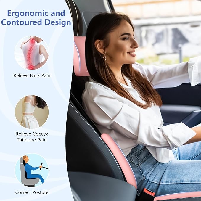 Car Seat Cushion with Neck Pillow & Lumbar Support Kit Back Sciatica Tailbone Pain Relief Car Pillows Ergonomic Memory Foam Back Support for Driving Seat Office Chair Wheelchair Pink