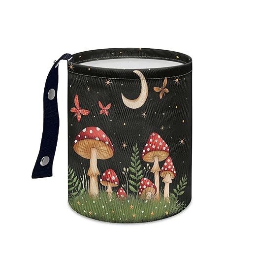 Cute Mushroom Moon Auto Garbage Bag Trash Can Leak Proof Waste Basket Container Bag Bin Hanging Cup Holder Organizer with Strap Mini Car Interior Accessories for Auto, Camping, Travelling