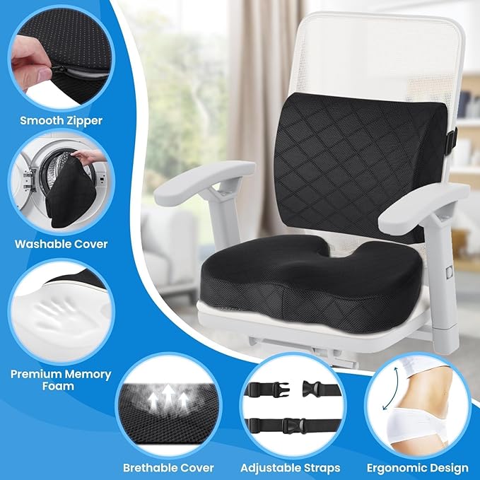 TushGuard Office Chair Cushions with Handles, Back&Seat Cushion, Sciatica & Back Coccyx Tailbone Discomfort Easing Chair Pad, Memory Foam Lumbar Support Pillow for Gaming, Desk, Car (Black, X-Large)
