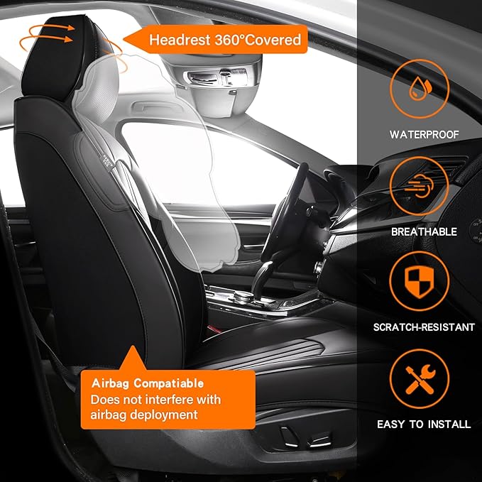 Car Seat Cover Full Set, Leather Car Seat Cover, Waterproof Seat Covers, Car Seat Cushion, Nappa Leather Seat Covers Car Seat Protector Universal Fit Most Cars Black