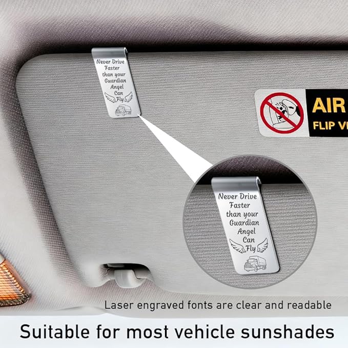 Never Drive Faster Than Your Guardian Angel Can Fly Engraved Stainless Steel Car Visor Clip, Inspirational Guardian Angel Safe Driving Reminder Clip Gifts for Family Friend, Drive Safe Gifts