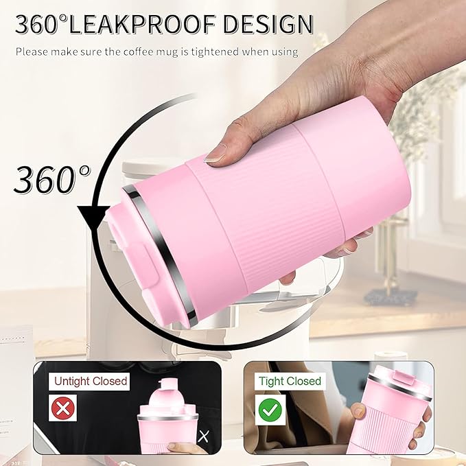 YINBAOGE Insulated Travel Coffee Mug, Spill & Leak Proof, Portable To Go Camping Stainless Steel Coffee Tumbler, Reusable Thermal Coffee Cup with Lid for Hot & Cold Drinks (Pink, 12 OZ)