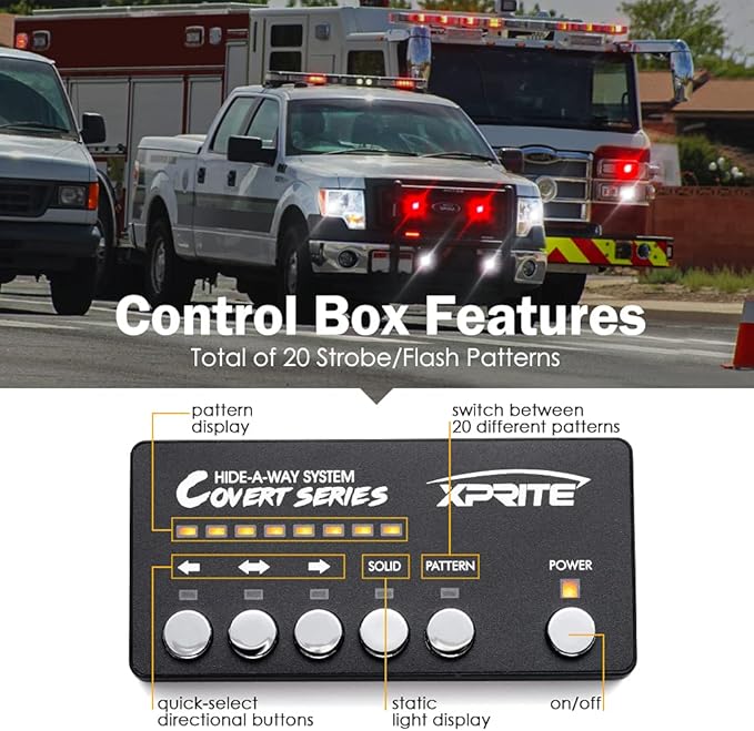 Xprite White Red LED Hideaway Strobe Lights Kit, 20 Flashing Patterns w/Control Panel Headlights Taillights Fog Light Interior Mounting, for Emergency Vehicles Firefighter Cars Trucks SUV 8PCS