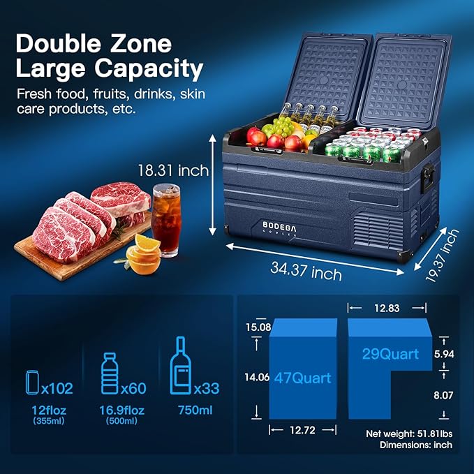 BODEGACOOLER 12 Volt Car Refrigerator, RV Car Fridge Dual Zone APP Control, Portable Freezer,75 Quart(72L) -4℉-68℉ RV Electric Cooler 12/24V DC and 100-240V AC for Outdoor,Camping,Travel