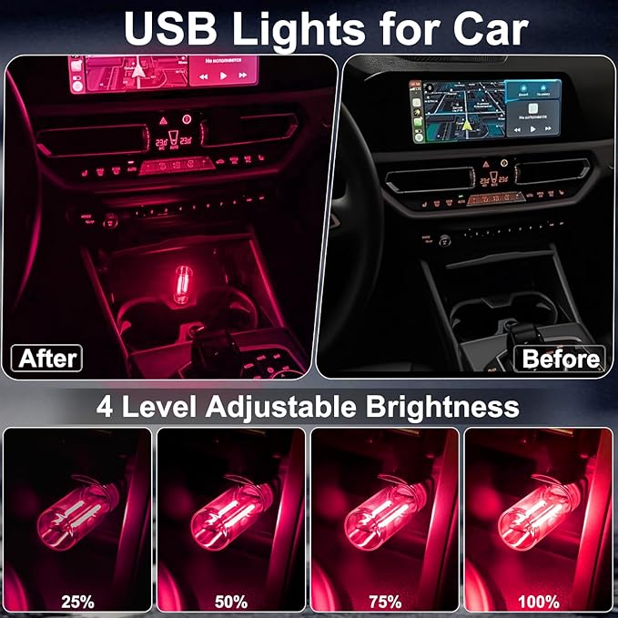 2PCS USB Lights for Car, Touch Dimmable Retro Car Lamp Interior LED Ambient Lighting, Portable Mini Glass Bottle LED Bulb Night Light for Vehicle Bedroom Hallway Camping Holiday Decoration (Pink)
