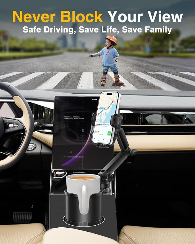 Cup Phone Holder for Car with Expandable Base, 2 in 1 Adjustable Hands Free Cell Phone Holders Car Cupholder Mount, Friendly Fit Large Bottle & iPhone All Cellphone for Truck SUV | No Shake Design