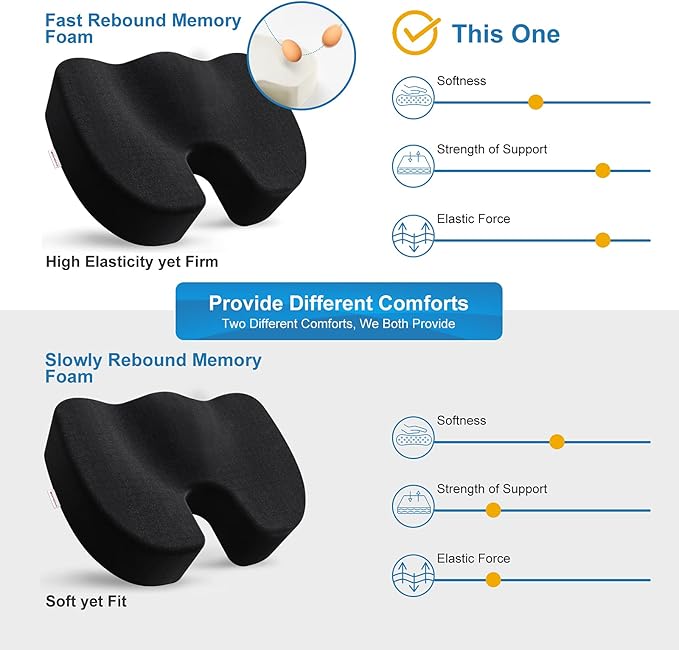 Bomdaia Seat Cushion Pillow for Office Chair, Car Seat Cushion Pad for Desk Chair, Non-Slip Memory Foam Coccyx Seat Cushion for Back, Sciatica & Tailbone Pain Relief (Black)
