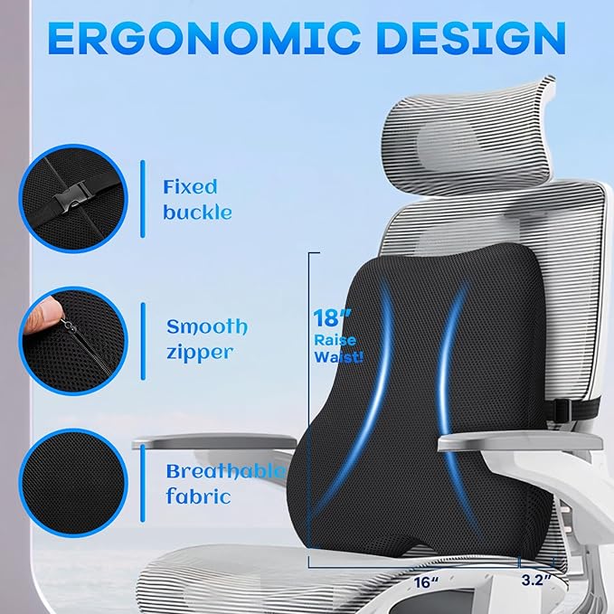 Gel-Infused Seat Cushion & Memory Foam Lumbar Pillow Set,Non-Slip Bottom,Breathable Mesh Cover,Portable Handle - Ergonomic Support for Office Chair Cushion, Car Seat Cushion and Wheelchair,Black