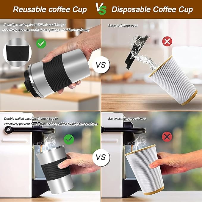 YINBAOGE Insulated Travel Coffee Mug, Spill & Leak Proof, Portable To Go Camping Stainless Steel Coffee Tumbler, Reusable Thermal Coffee Cup with Lid for Hot & Cold Drinks (Silver black, 17 OZ)