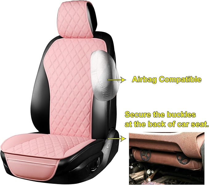 2PCs Front Car Seat Covers, Leather Seat Covers with Steering Wheel Cover and Two Seat Belt Pads, Waterproof Seat Covers for Cars Universal Fit 95% Vehicles (Pink)