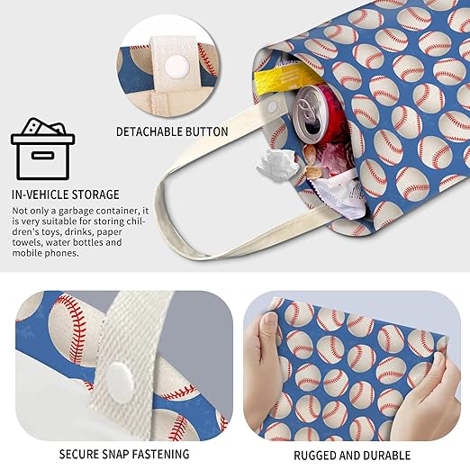 Cute Car Trash Can, Hanging Canvas Car Back Seat Organizer and Storage Bag, Funny Car Trash Bag For Travelling, Outdoor Cute Blue Baseball