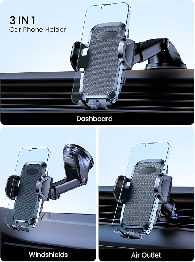 KNZ Car Phone Holder Dashboard Windscreen Vent Clip Handsfree Mobile Mount Stand Cradle for 16 15 Pro Max 14 13 12 All Phones (Black)