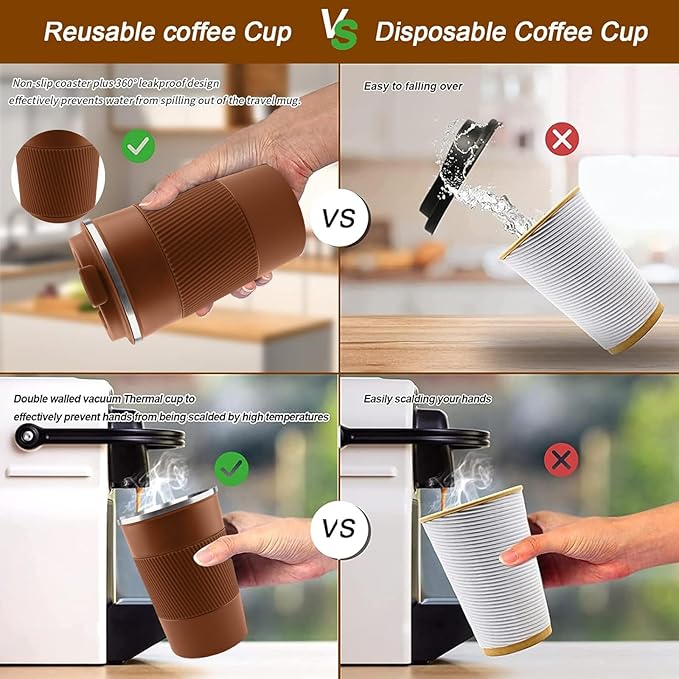YINBAOGE Insulated Travel Coffee Mug, Spill & Leak Proof, Portable To Go Camping Stainless Steel Coffee Tumbler, Reusable Thermal Coffee Cup with Lid for Hot & Cold Drinks (Brown, 17 OZ)