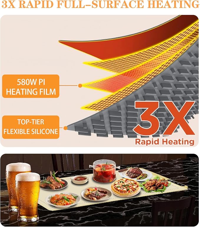 Upgrade Graphene Electric Warming Tray-Faster Heating Warming Mat for Food,Roll Up Silicone Food Warmer Mat with 6 Temperature Settings and Timing Function,Portable Food Warmers for Parties Buffet