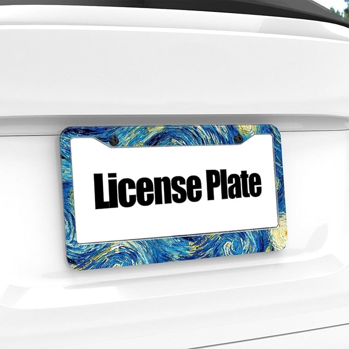 Starry Night License Plate Frame - 1 Pack Personalized Aluminum Car License Plate Cover Art Oil Painting License Plate Holder Universal US-Canada 2 Hole Auto Car Tag for Women/Men