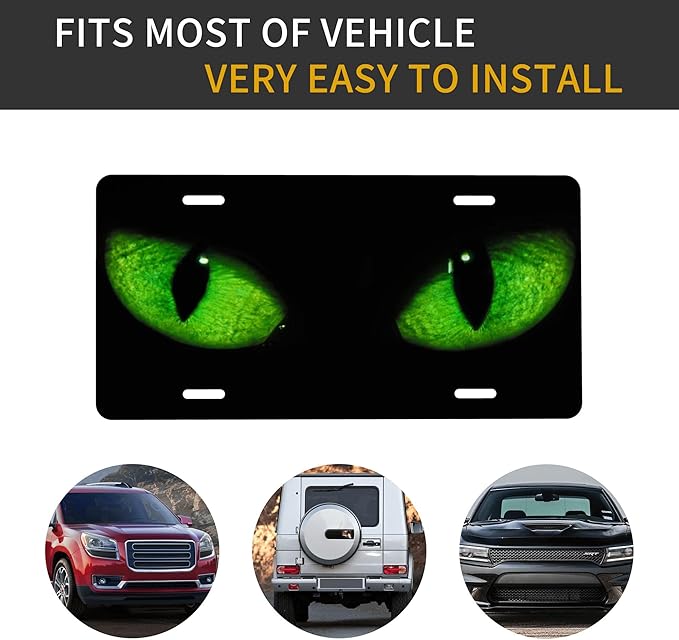 Front License Plate Green Cat Eye Vanity Plates Aluminum Metal Decorative Car Tag Face Novelty License Plate Cover for Men Women 6 * 12 in (4 Holes)
