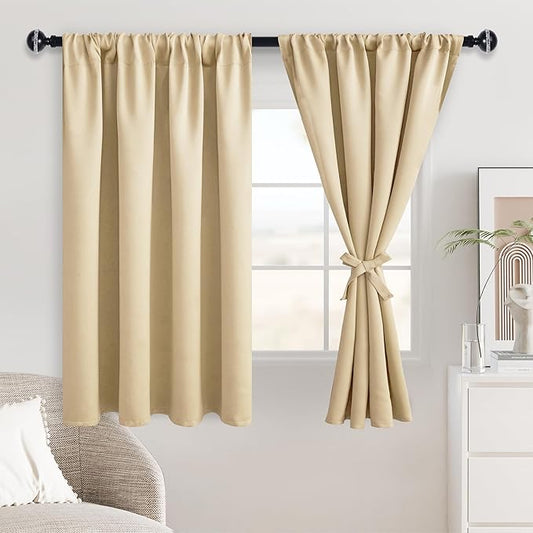 JIUZHEN Blackout Curtains for Bedroom - Thermal Insulated Noise Reducing Privacy Short Curtain for Living Room, Set of 2 Panels with Tiebacks, 38 x 45 inches Long,Light Beige