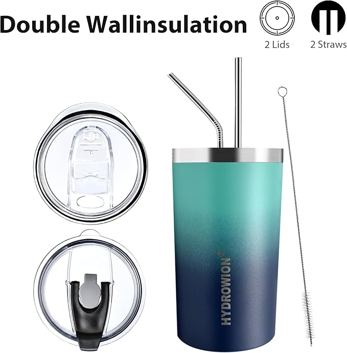 HYDROWION Triple-Insulated Tumblers - Stainless Steel with Lid and Straw, 12 oz Water Bottle, Stainless Steel Cups, Coffee Travel Mug for Home & Office Green-Blue Gradient