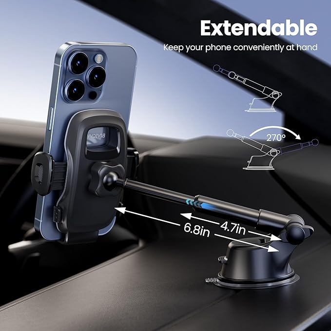 Car Phone Holder, Phone Holders for Your Car Dashboard Windshield, 360° Adjustable (4.8-7") Telescopic Arm, Suction Cup Cell Phone Holder for Truck Cradles Universal Car Mount for All Smartphones