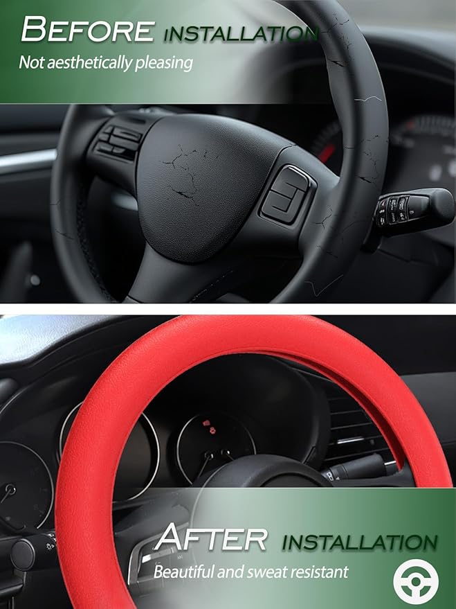 LRITER Car Steering Wheel Cover, Non-Slip Silicone Material, Multiple Color Choices, Universal Auto Parts Steering Wheel Cover, Suitable for Most Cars (Red2PCS)