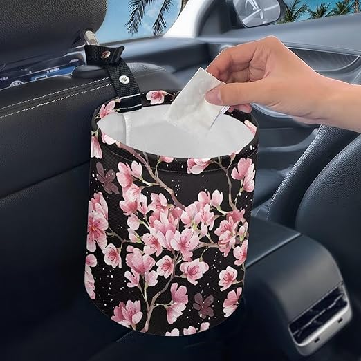 Cute Cherry Blossom Car Trash Can Reusable Foldable Hanging Portable Dustbin Bin for Back Seat, Front Console, Floor, or Hanging Headrest Waste Basket