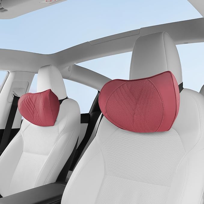 Car Neck Pillow Memory Foam Premium Leather Headrest Neck Support Cushion Universal for Driving Home Office, Red,2PC