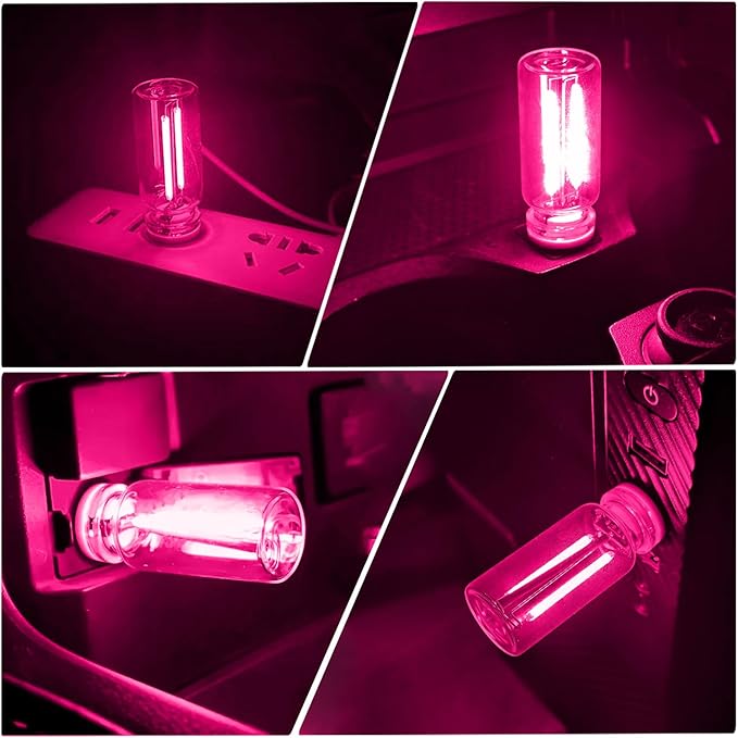 2PCS USB Lights for Car, Touch Dimmable Retro Car Lamp Interior LED Ambient Lighting, Portable Mini Glass Bottle LED Bulb Night Light for Vehicle Bedroom Hallway Camping Holiday Decoration (Pink)