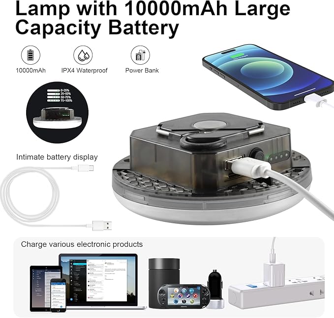 10000mAh Rechargeable 3000LM Tent Light Camping Light, 6500K 24Hours Long Play Time , Outdoor Night Market Light Night Fishing Light Emergency Lights for Hurricane (Translucent Black)