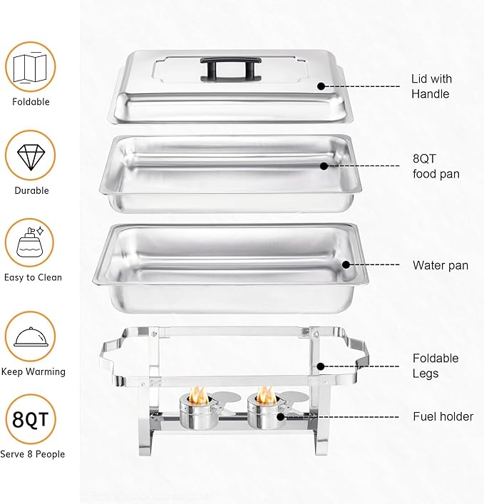 Chafing Dish Buffet Set 4 Packs,8 Quart Stainless Steel Foldable Rectangular Chafing Full Size Food Pan,Chafing Servers With Covers buffet servers and food warmers for parties wedding outdoor banquet