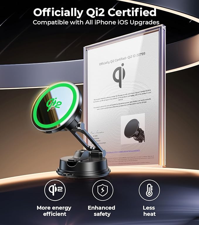 【Vacuum Suction Folding Car Mount】 Certified Qi2 Charger for MagSafe, 360° Adjustable Aluminum Alloy Arm, Phone Holder for Tesla/Car Rental/Gym/Mirror/Shower/Smooth Surface iPhone 16/15 Pro Max