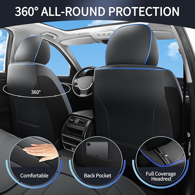 Leather Car Seat Covers,Waterproof Seat Covers Full Set, Fit for Equinox Civic Sentra Tucson RAV4 Altima CX5 Camry Corolla Cruze Rogue CRV Accord,Blue Black