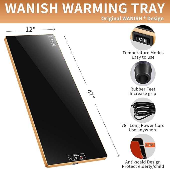 Electric Warming Tray (Extra Long 47”x12”),Food Warmers for Parties Buffet with Thermostat&Full Surface Heating, Tempered Glass Warming Mat for Food, Temperature Adjustable Gold Edges Food Warming Mat