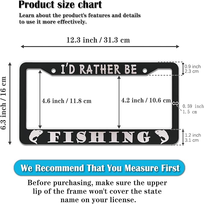 Automotive Exterior Accessories Black and White License Plate Frames I'd Rather Be Fishing Universal Aluminum Car Accessory 2 Pack with Screw Covers Set
