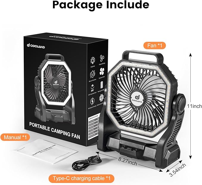Odoland Rechargeable Camping Fan, 20000mAh Battery Fans with LED Lantern for Tent Car Beach Storm, Portable Light Desk Cooling Fan for Picnic Power Outage Hurricane, Black