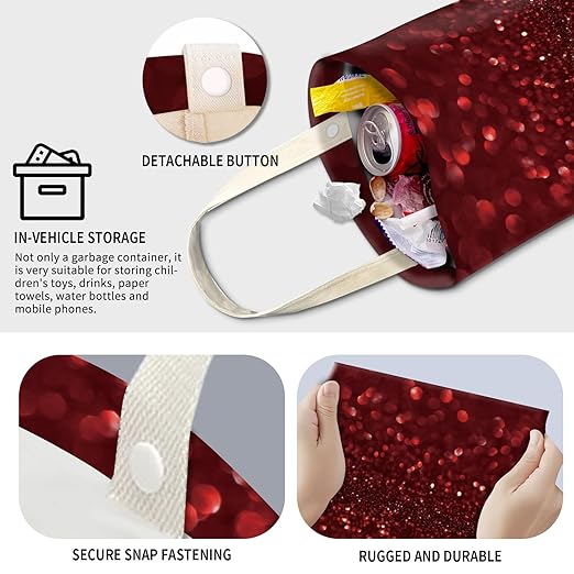 Cute Car Trash Can, Hanging Canvas Car Back Seat Organizer and Storage Bag, Funny Car Trash Bag for Travelling, Outdoor Red Glittering Pattern