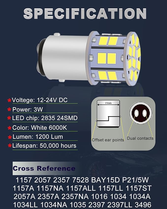 1157 LED Bulb White, Super Bright 2057 2357 7528 BAY15D LED Bulbs for Backup Reverse Lights, Brake Tail Lights, Parking Daytime Running Lights (Pack of 4)