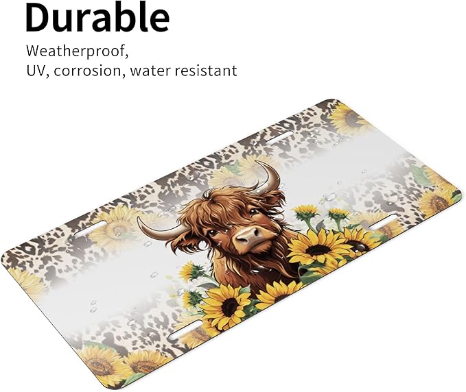 Front License Plate Highland Cattle Sunflower Vanity Plates Aluminum Metal Decorative Car Tag Brown Cow Print Novelty License Plate Cover for Men Women 6 * 12 in (4 Holes)