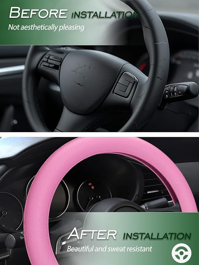 LRITER Car Steering Wheel Cover, Non-Slip Silicone Material, Multiple Color Choices, Universal Auto Parts Steering Wheel Cover, Suitable for Most Cars (Pink)