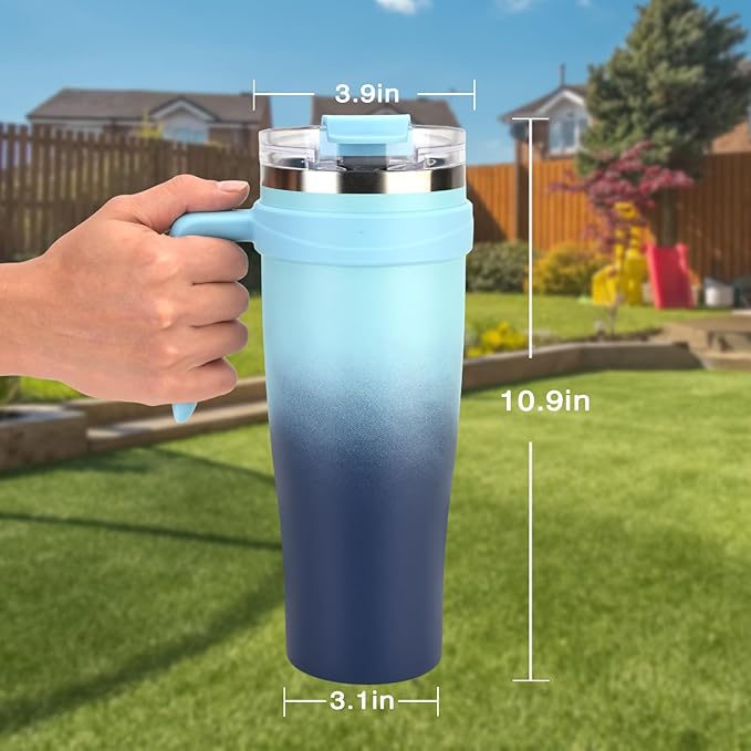 Zukro 50 oz Tumbler With Handle and Flip Straw, Triple-wall Insulated Stainless Steel Cup with 2-in-1 Sip/Straw Lid, Large Leak Proof Travel Mug, Fit in Cup Holder, Keeps Cold 34 Hours, Bluewave