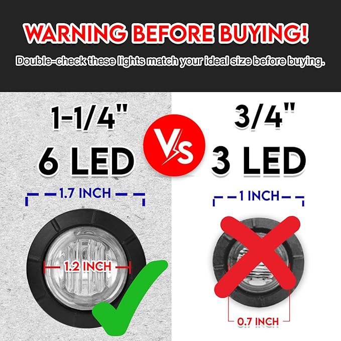 1-1/4 Inch Clear Lens Red LED Clearance Side Marker Lights 6 LED Bullet Marker Trailer Lights Universal Fit RV Truck Pickup Van Peterbilts Style 12V DC (10 Pcs)