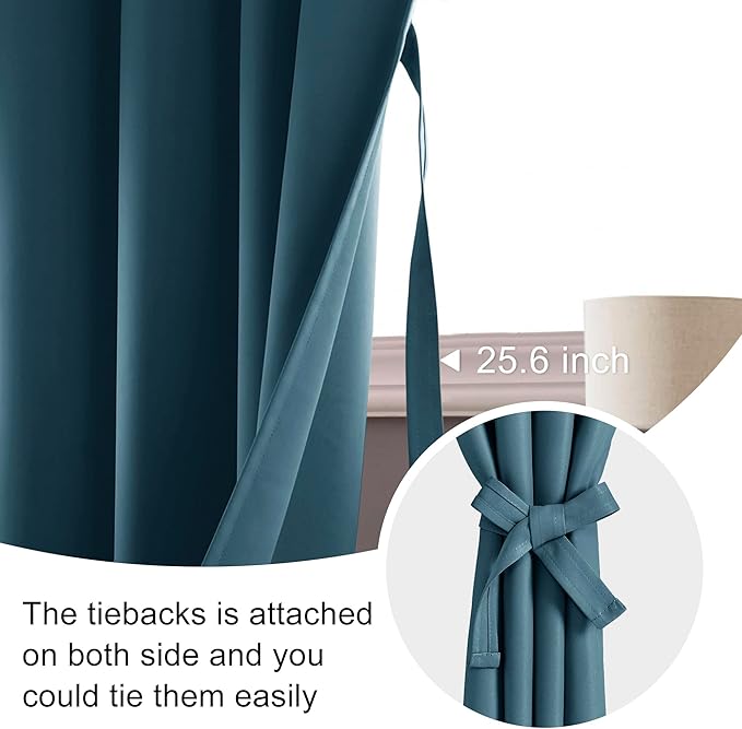 JIUZHEN Blackout Curtains for Bedroom - Thermal Insulated Room Darkening Noise Reducing, 60 x 84 Inch Length Curtains for Living Room, Set of 2 Panels with Tiebacks, Stone Blue